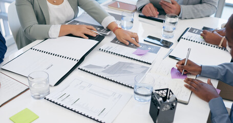 Business people, hands and writing with documents in planning, schedule or meeting on office table....