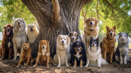Obraz premium A number of well-dressed dogs stand under a large tree and look at the camera.