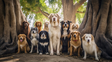 Obraz premium A number of well-dressed dogs stand under a large tree and look at the camera.