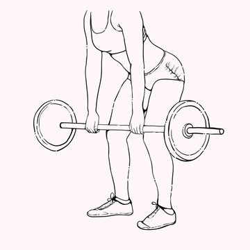 Young fit woman with heavy barbell doing deadlift for back workout