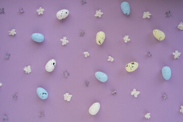 Happy easter concept. Easter eggs Composition background made of beautiful spring pink and white lilac flowers. Backdrop Mockup card invitation greeting card postcard copy space template blank