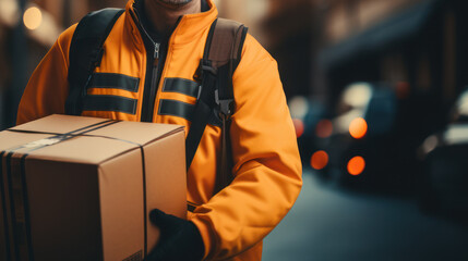 Responsible courier with a package rings your bell
