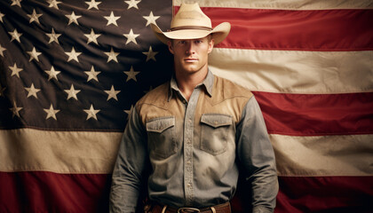 Proud Texas cowboy with American flag,generative ai - obrazy, fototapety, plakaty