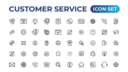 Customer service icon set. Containing customer satisfied, assistance, experience, feedback, operator and technical support icons.Thin outline icons pack.