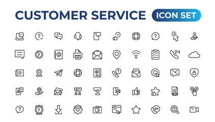 Customer service icon set. Containing customer satisfied, assistance, experience, feedback, operator and technical support icons.Thin outline icons pack.