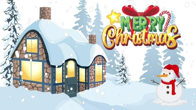 House in the forest with snowfall and animated snowman and christmas greeting