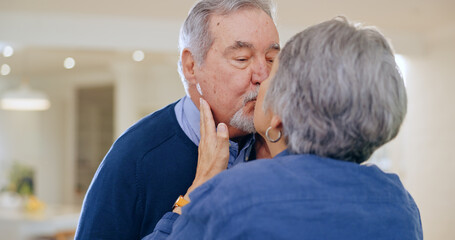 Care, love or old couple kiss in home to relax for connection, support, bond for trust or comfort. Elderly people in marriage, house or retirement with commitment, affection or romance together