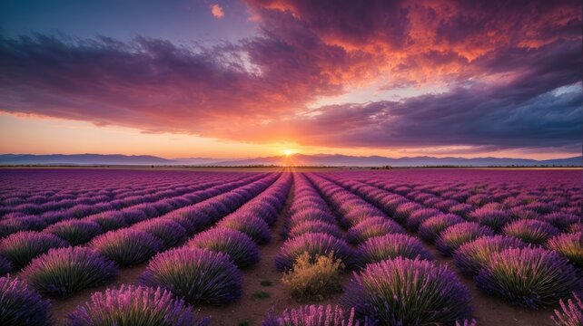 Sunset Over Lavender Fields: A Dreamy Landscape, generative AI
