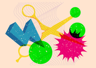 Risograph scissor with geometric shapes. Objects in trendy riso graph print texture style design with geometry elements.