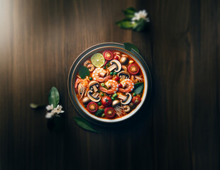 Tom Yum Soup Overhead Shot with Shrimp and Diverse Ingredients