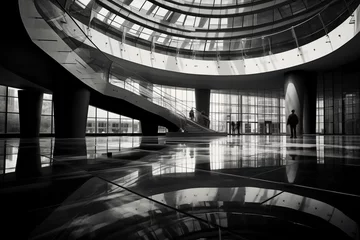Photo sur Plexiglas Helix Bridge Black and white photo of a large lobby with a spiral staircase and a glass dome.