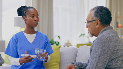 Assisted living, healthcare of medicine with an old man and nurse in a home for medical care or...