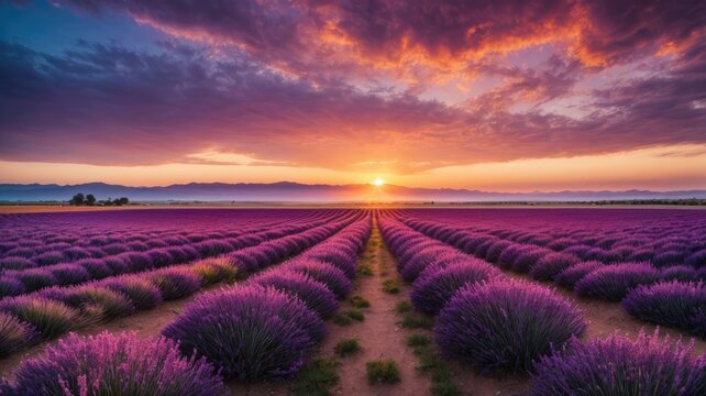 The Tranquil Elegance of Sunset Over Lavender Fields, generative AI