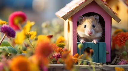 Curious hamster peeks out from its miniature house