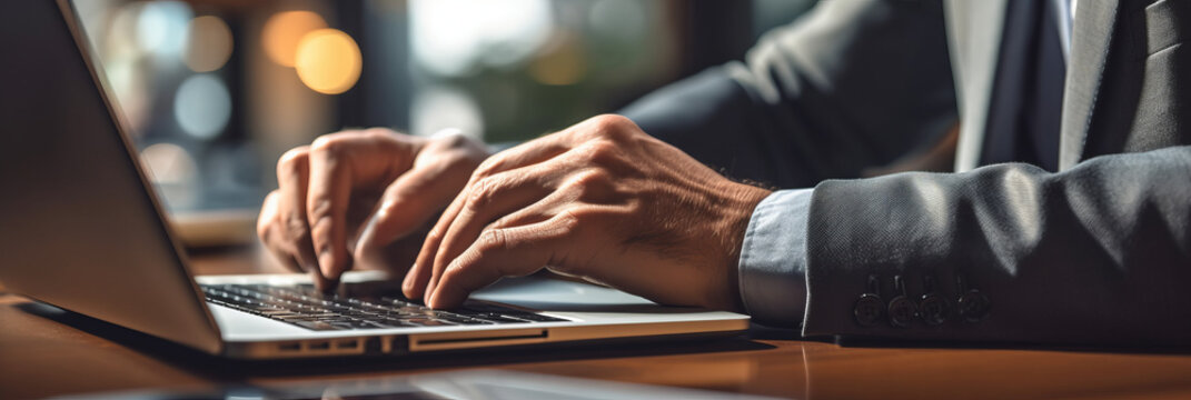 Close Up Of Business Man Hand Using Digital Tablet And Working On Laptop Computer.