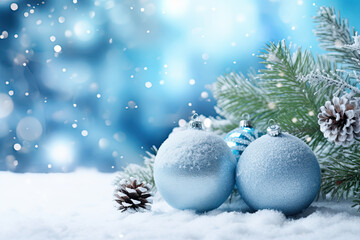 Fototapeta na wymiar christmas blue ball decorations with snow with copy space. christmas and happy new year concept.