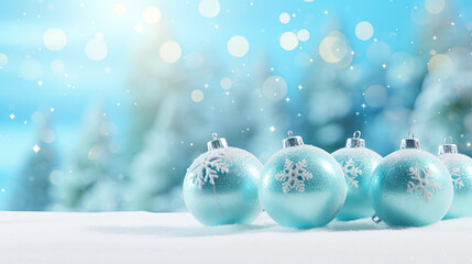 Fototapeta na wymiar christmas blue ball decorations with snow with copy space. christmas and happy new year concept.