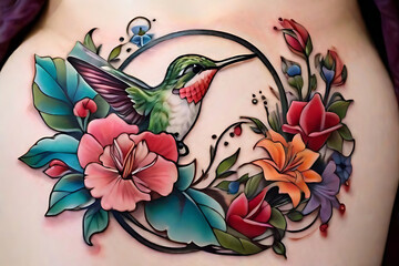 Hummingbird with flowers placed in a circle tattoo on body