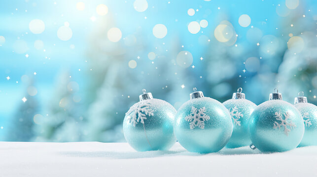 christmas blue ball decorations with snow with copy space. christmas and happy new year concept.