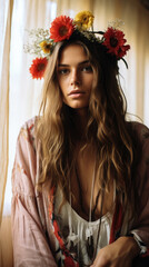 Naklejka premium Bohemian Woman With A Flower Crown, Background Image, Best Phone Wallpapers