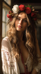 Fototapeta premium Bohemian Woman With A Flower Crown, Background Image, Best Phone Wallpapers