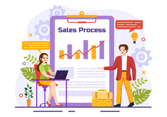 Sales Process Vector Illustration with Steps of Communication for Attracting New Customers and Making profit in Business Strategy Flat Background