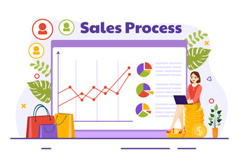 Sales Process Vector Illustration with Steps of Communication for Attracting New Customers and Making profit in Business Strategy Flat Background