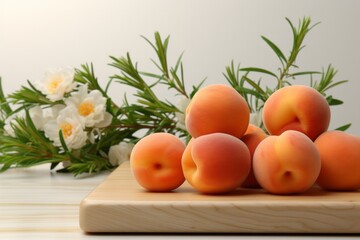  Empty podium with ripe peaches gently dropping onto it, creating a soft and inviting atmosphere, Generative AI