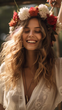 Bohemian Woman In A Flower Crown Carefree, Background Image, Best Phone Wallpapers