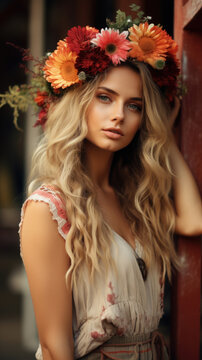 Bohemian Woman With A Flower Crown, Background Image, Best Phone Wallpapers