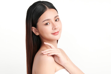 Beautiful young asian woman with clean fresh skin on white background, Face care, Facial treatment, Cosmetology, beauty and spa, Asian women portrait.