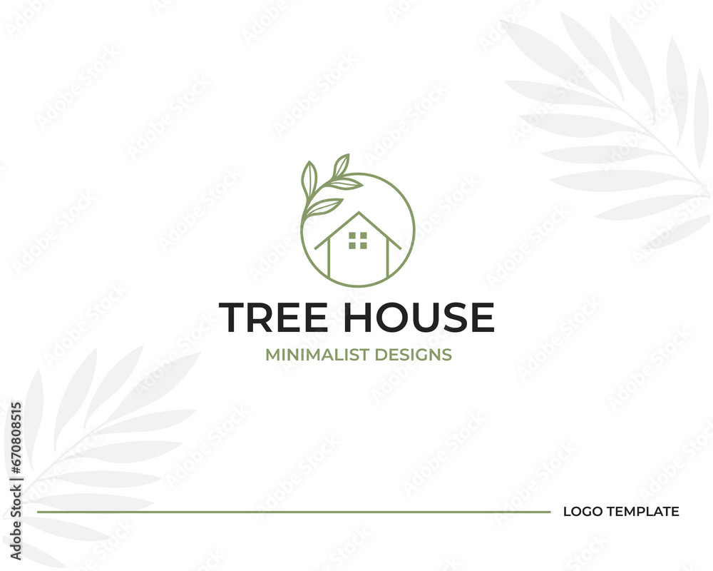 Wall mural A line art icon logo of a house / home with a leaf circle