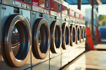 a row of washing machines at a laundry room