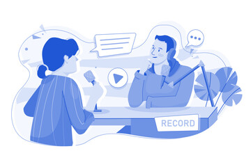 Man And Woman Recording A Podcast Conversation