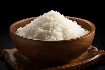white rice in a wooden bowl with black background