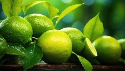 Illustration of Lime Fruit with Green Leaves and Cut Half Slices