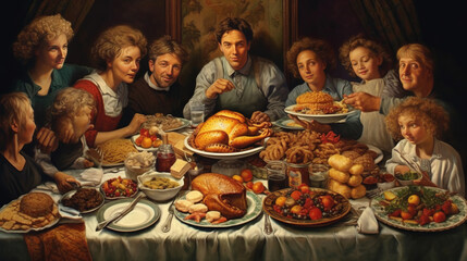 american family, perfect hands, thanks giving dinner, table piled up with food, eating