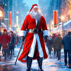 Santa Claus walks down the crowded street of a modern night city 