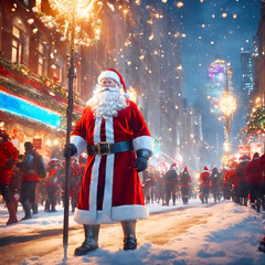 Santa Claus walks down the crowded street of a modern night city 