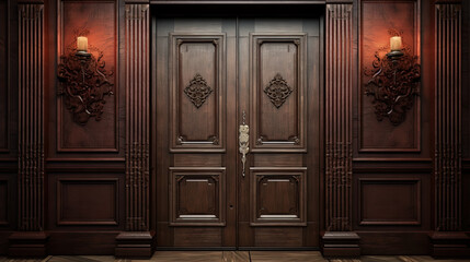 classic double front entrance wooden doors - obrazy, fototapety, plakaty