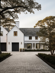 White and black house home modern farmhouse cottage front view driveway pathway with front lawn landscaping and big trees - obrazy, fototapety, plakaty