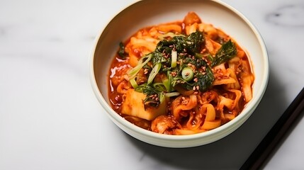 Top view of kimchi served in a white bowl