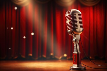 Vintage Microphone Illustration Sets the Stage Aglow with Red Curtain Ambiance