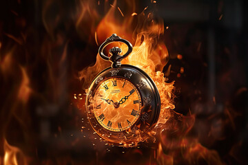 clock on fire, burning time. the fire surrounds a burning clock - obrazy, fototapety, plakaty