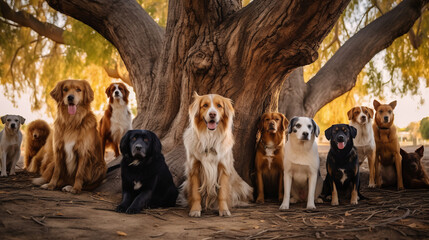 A number of well-dressed dogs stand under a large tree and look at the camera.generative ai