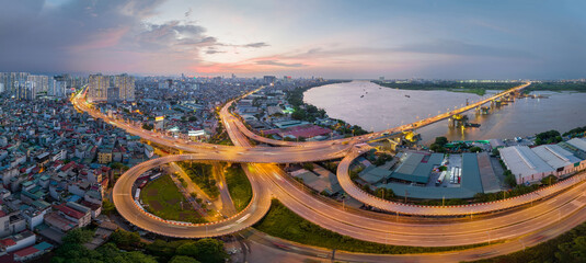 Aerial view of road interchange or highway intersection in Vinh Tuy bridge, Hanoi, Vietnam - obrazy, fototapety, plakaty
