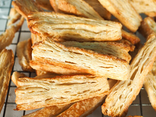 golden brown baked sugar puff pastry sticks