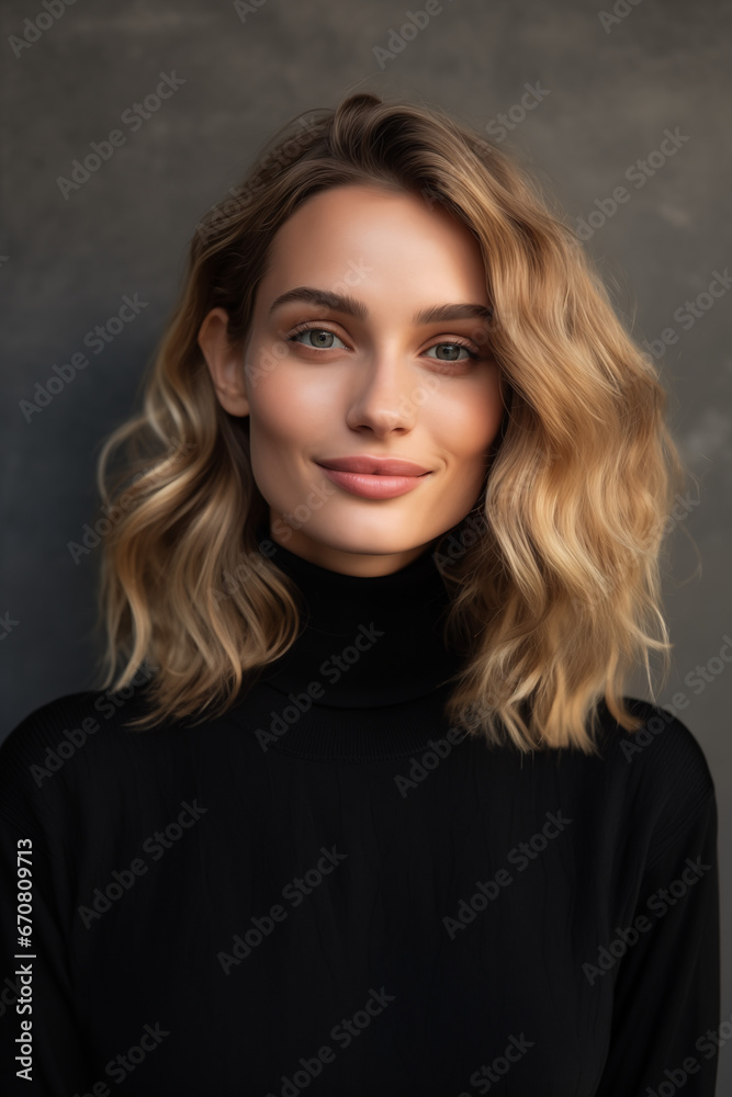 Wall mural portrait headshot of a beautiful woman female in a black turtleneck sweater with blonde curly wavy h - Wall murals