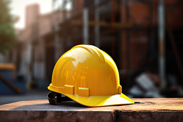 yellow hard hat sitting on a cement structure