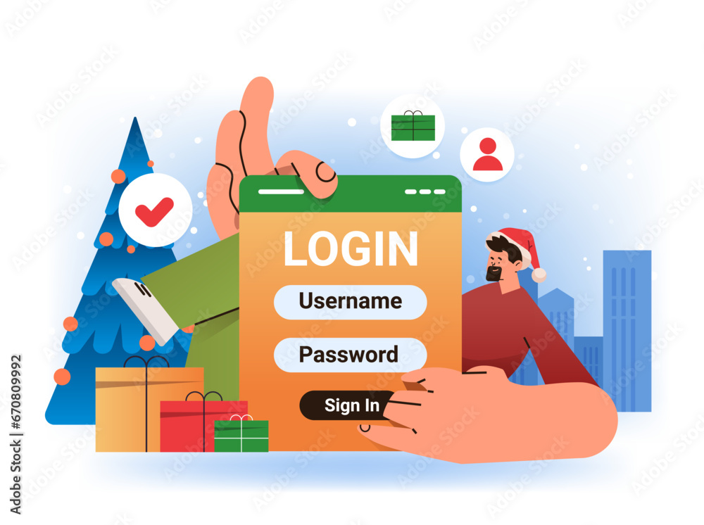 Poster man in santa hat login to social media app mobile or computer application users entering username an